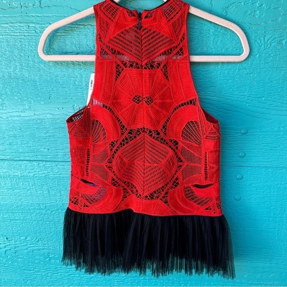 INTERMIX JONATHON SIMKHAI BLACK RED LACE TULLE PEPLUM FITTED TOP SIZE 2 NWT - Picture 12 of 13
